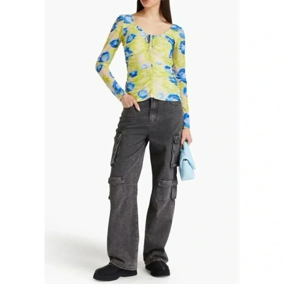 New Ganni Floral Mesh Scoop Neck Long Sleeve Top Shirt Green Blue - Picture 3 of 13